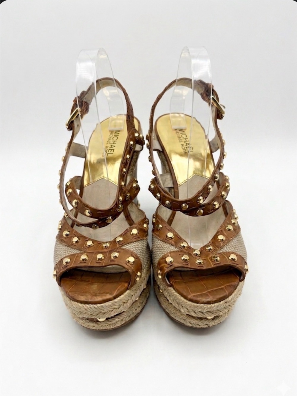 Michael Kors Brown and Gold Studded Espadrille Wedge Sandals